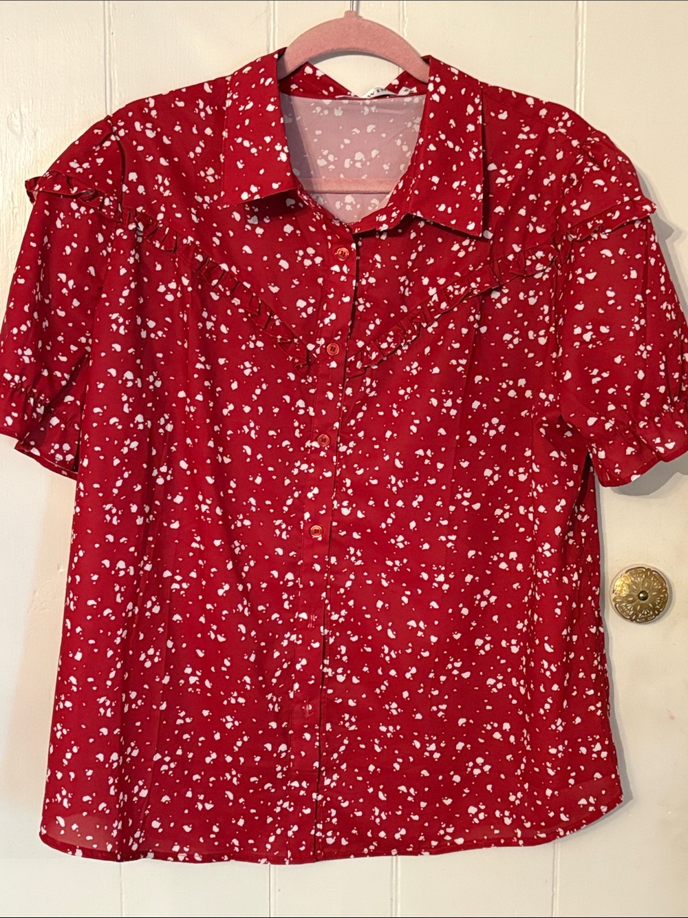 Ecowish Red Short-Sleeve Button Front Blouse with White Floral Print NWOT XL